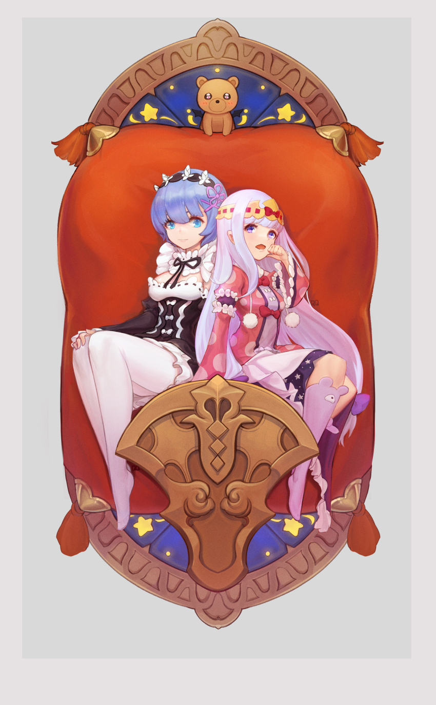2girls, :o, absurdres, animal_ear_legwear, aurora_sya_lis_kaymin, bear_band_legwear, blue_eyes, blue_hair, bow, breasts, cleavage, dress, hand_on_own_knee, headband, highres, long_hair, long_sleeves, maid, maid_headdress, maou-jou_de_oyasumi, minase_iori, multiple_girls, pantyhose, pillow, pink_ribbon, polka_dot, polka_dot_dress, pun, purple_socks, qqaqua1109, re:zero_kara_hajimeru_isekai_seikatsu, red_bow, rem_(re:zero), ribbon, short_hair, simple_background, sitting, small_breasts, socks, star_(symbol), star_in_eye, star_print, symbol_in_eye, teddy_demon, very_long_hair, voice_actor_connection, white_hair, white_pantyhose, yellow_headband