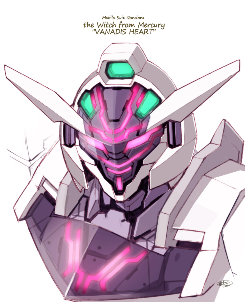 absurdres, copyright_name, ebikawa_kanetake, english_text, glowing, gundam, gundam_lfrith_jiu, gundam_suisei_no_majo, gundam_suisei_no_majo:_vanadis_heart, gundam_suisei_no_majo_vanadis_heart, highres, mecha, mobile_suit, no_humans, pink_eyes, portrait, robot, science_fiction, signature, solo, v-fin