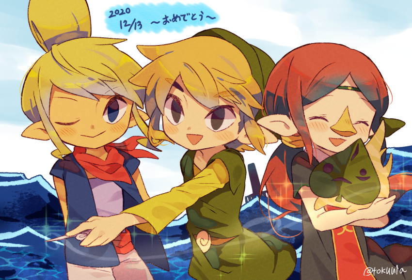 1boy, 2girls, :d, ^_^, artist_name, bandana, beak, belt