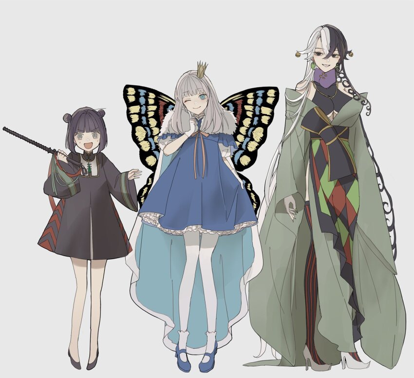 3girls, :d, ;), ashiya_douman_(fate), bell, black_dress, black_eyes, black_hair, black_sash, black_thighhighs, blue_cape, blue_dress, blue_eyes, blue_footwear, blunt_bangs, breasts, cape, chinese_clothes, crown, curly_hair, double_bun, dress, earrings, eyeshadow, fate/grand_order, fate_(series), finger_to_cheek, fingernails, flat_chest, flats, frilled_dress, frills, full_body, fur-trimmed_cape, fur_trim, genderswap, genderswap_(mtf), gloves, green_eyeshadow, green_kimono, grey_background, grey_eyes, grey_hair, hair_bell, hair_between_eyes, hair_bun, hair_ornament, head_tilt, high_heels, highres, holding, holding_own_dress, holding_wand, japanese_clothes, jewelry, kimono, knees_together_feet_apart, large_breasts, lolita_fashion, long_hair, long_sleeves, looking_at_viewer, magatama, magatama_earrings, makeup, medium_hair, mini_crown, mizuno_(bbzzzzzzbb), multicolored_hair, multiple_girls, necklace, oberon_(fate), obi, off_shoulder, one_eye_closed, open_clothes, open_kimono, open_mouth, parted_lips, pigeon-toed, puffy_short_sleeves, puffy_sleeves, purple_scarf, qi_lolita, sash, scarf, sharp_fingernails, shirt, short_sleeves, side_slit, simple_background, sleeveless, sleeveless_shirt, smile, socks, split-color_hair, standing, striped_clothes, striped_thighhighs, sweatdrop, taigong_wang_(fate), thighhighs, underboob, undershirt, v-shaped_eyebrows, very_long_hair, wand, white_footwear, white_gloves, white_hair, white_socks