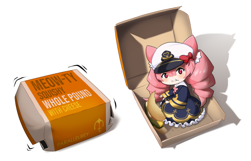 1girl, animal_ears, artist_name, azur_lane, box, burger, cat_ears, chewing, chibi, dress, drill_hair, eating, english_text, food, hair_between_eyes, hat, highres, in_container, long_sleeves, looking_at_viewer, meowfficer_(azur_lane), mini_person, minigirl, parallelrey, peaked_cap, pink_eyes, pink_hair, pound_(azur_lane), shadow, simple_background, twin_drills, white_background, white_headwear