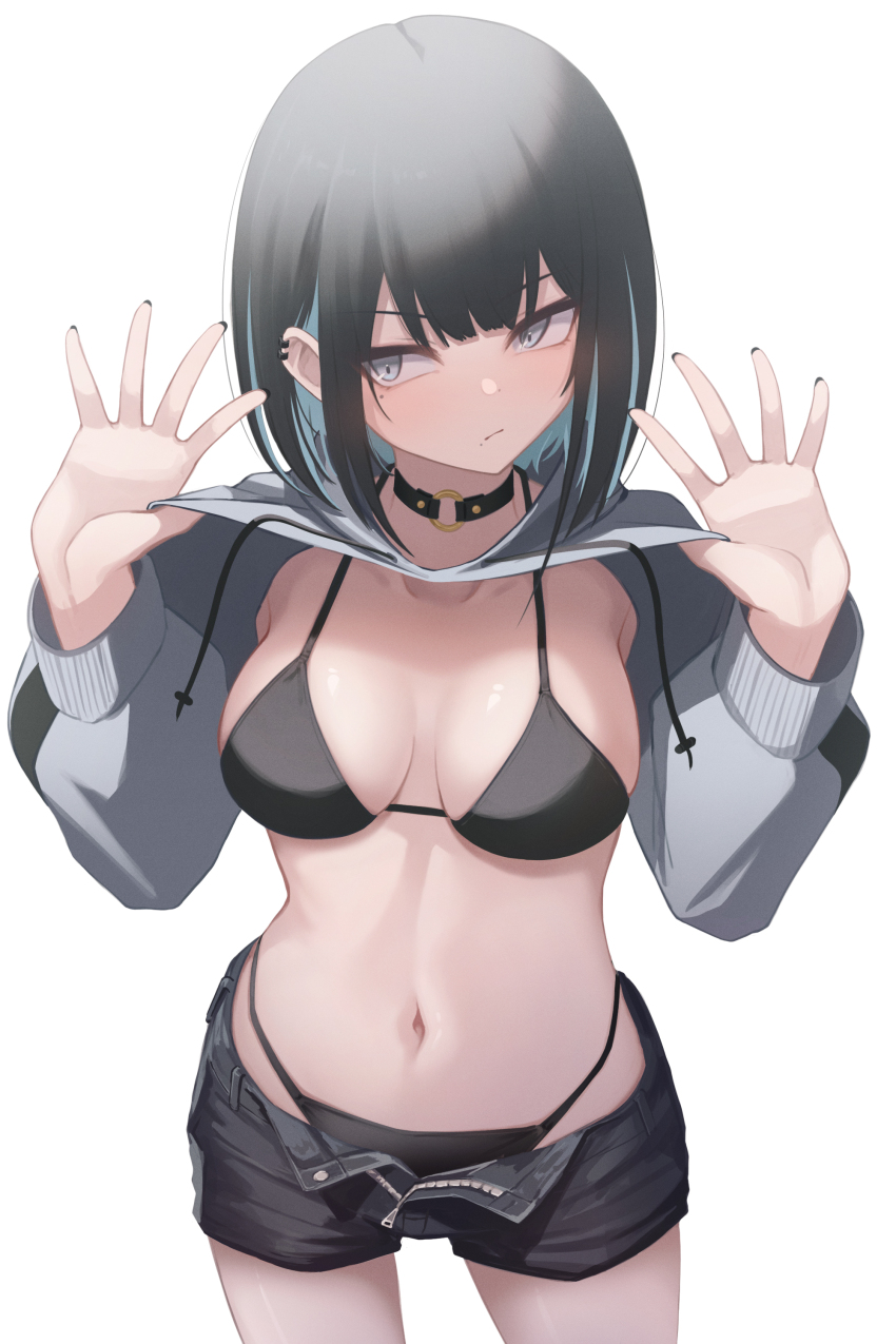 1girl, absurdres, bikini, black_bikini, black_choker, black_shorts, breasts, choker