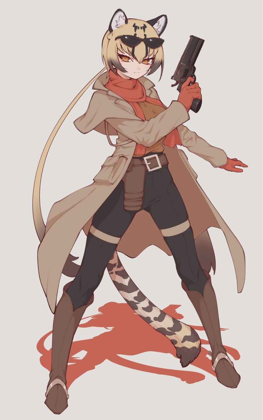 1girl, animal_ear_fluff, animal_ears, belt, black_hair, black_pants, blonde_hair, boots, brown_boots, brown_eyes, brown_hair, brown_shirt, closed_mouth, coat, collared_coat, colored_inner_hair, cosplay, extra_ears, eyewear_on_head, fighting_stance, finger_on_trigger, full_body, gloves, grey_coat, gun, hair_between_eyes, hand_up, handgun, highres, holding, holding_gun, holding_weapon, holster, kemono_friends, long_hair, long_sleeves, looking_at_viewer, metal_gear_(series), metal_gear_solid_v:_the_phantom_pain, multicolored_hair, name_connection, notora, ocelot_(kemono_friends), ocelot_ears, ocelot_tail, open_clothes, open_coat, outstretched_arm, pants, red_gloves, red_scarf, revolver_ocelot, revolver_ocelot_(cosplay), scarf, serious, shirt, simple_background, solo, standing, sunglasses, tail, thigh_strap, twintails, very_long_hair, weapon