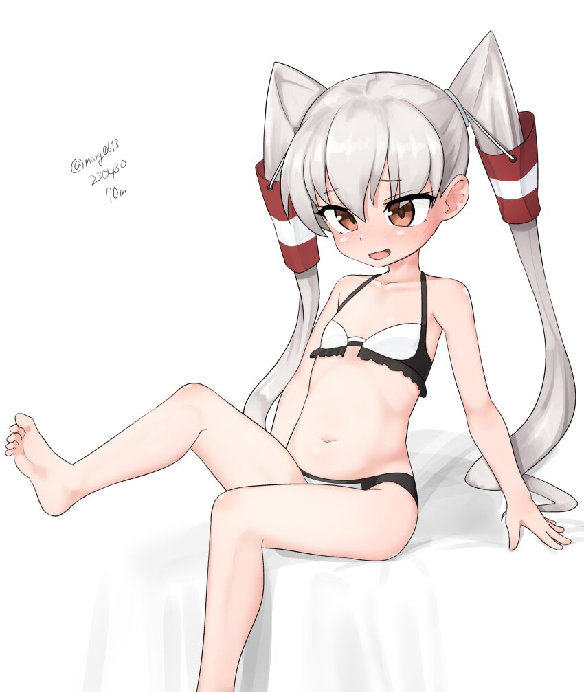 absurdres, alternate_hairstyle, amatsukaze_(kancolle), amatsukaze_(swimsuit)_(kancolle), barefoot, bikini, brown_eyes, collarbone