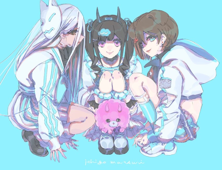 3girls, abeno-shakuji-maya, alternate_costume, black_hair, blue_background, blue_eyes, blue_neckerchief, brown_hair