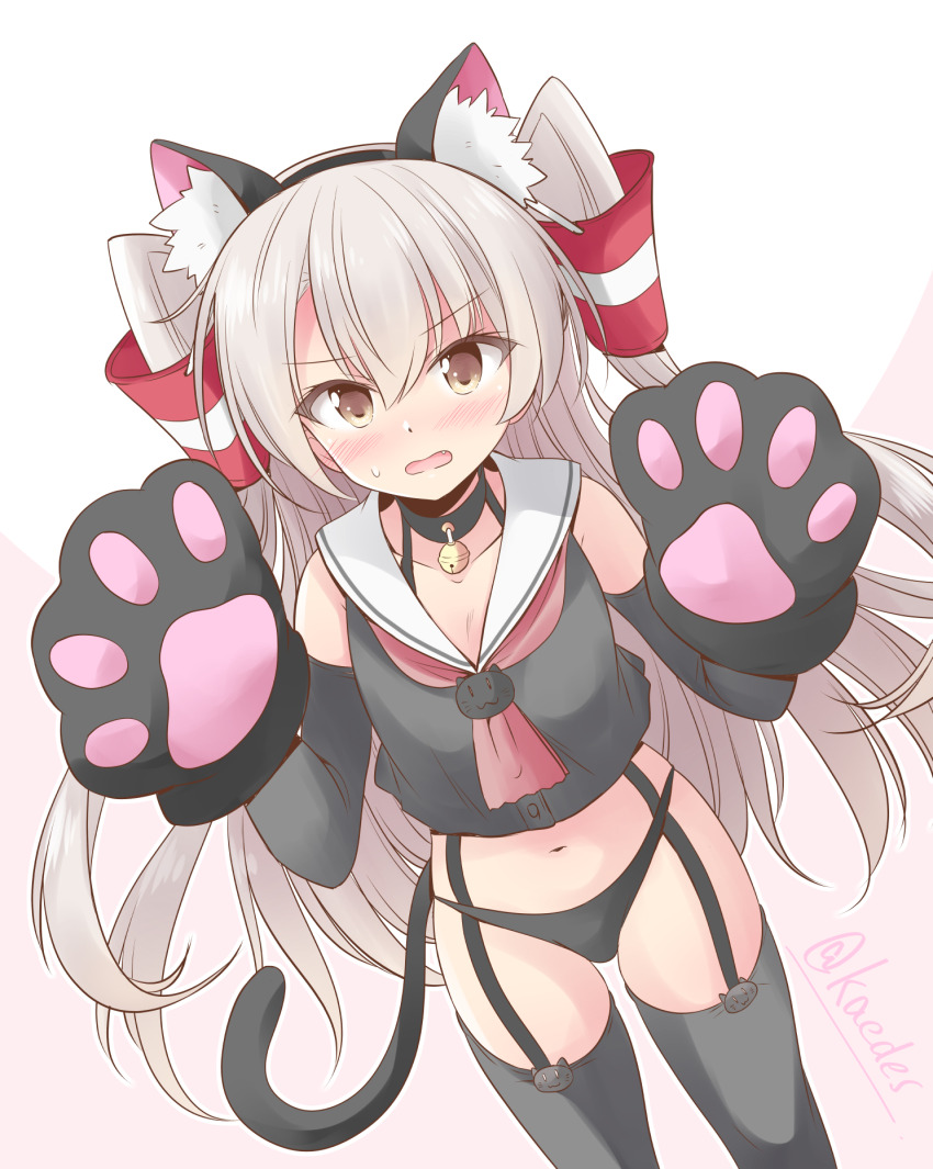 1girl, alternate_costume, amatsukaze_(kancolle), animal_ears, animal_hands, black_panties, brown_eyes, cat_ears