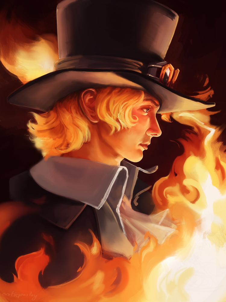 1boy, ascot, blonde_hair, closed_mouth, fire, from_side, goggles, goggles_on_headwear