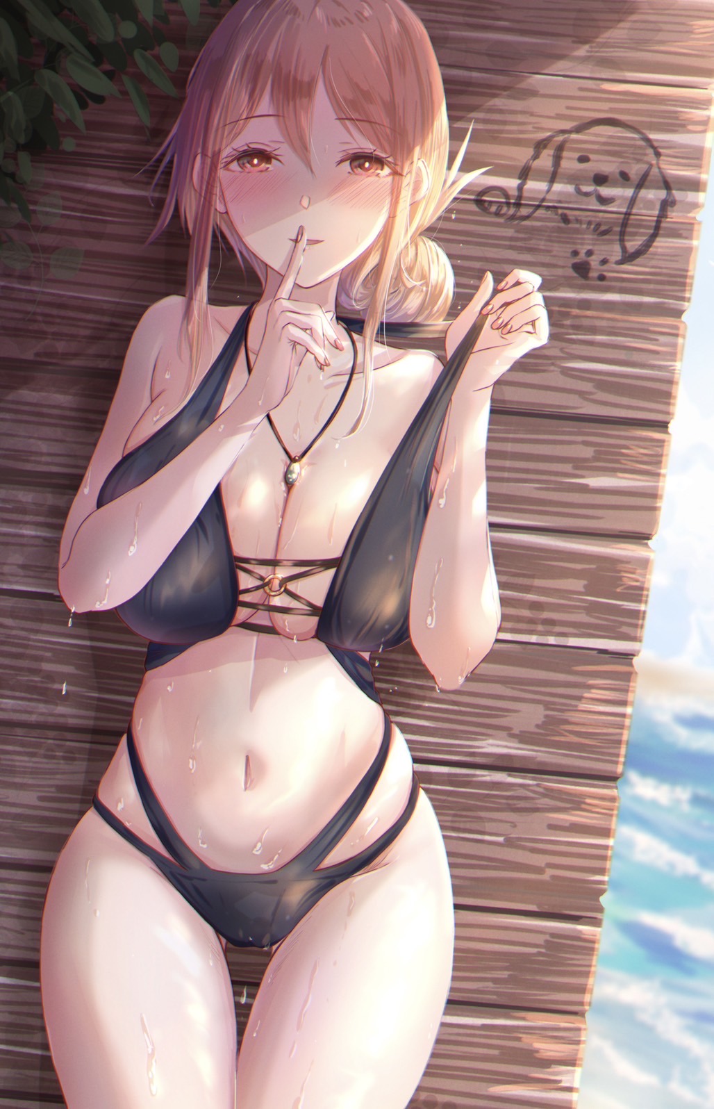 bikini, blonde_hair, breasts, brown_eyes, commentary_request, cowboy_shot, finger_to_mouth, folded_ponytail, gluteal_fold, highres, kinomtan, large_breasts, long_hair, mature_female, multi-strapped_bikini, navel, swimsuit, thigh_gap, yahari_ore_no_seishun_lovecome_wa_machigatteiru., yuigahama_yui's_mother