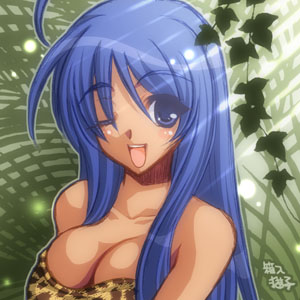 1girl, alternate_hair_length, alternate_hairstyle, amazon_warrior, blue_hair, blush, breasts, cleavage, dark-skinned_female, dark_skin, female_focus, hakoiri_nyanko, jungle_wa_itsumo_hare_nochi_guu, long_hair, lowres, one_eye_closed, solo, strapless, tribal, tube_top, weda, wink