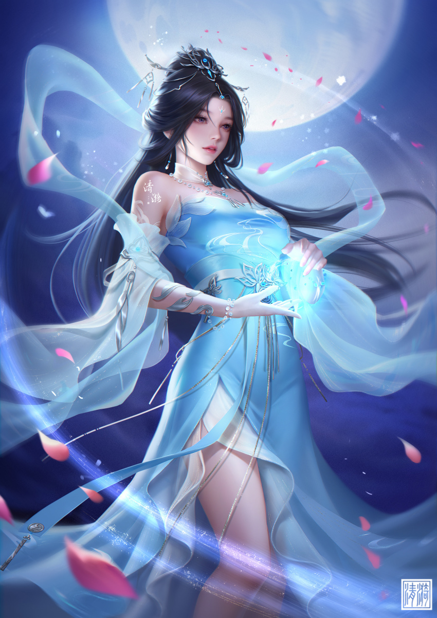 1girl, absurdres, artist_request, bare_legs, bare_shoulders, black_hair, blue_dress, detached_collar, detached_sleeves, dress, energy, facial_mark, falling_petals, forehead_mark, hagoromo, hair_bun, hair_ornament, highres, jewelry, long_hair, mature_female, moon, necklace, night, parted_lips, petals, second-party_source, shawl, solo, upper_body, wanmei_shijie, yue_chan_(wanmei_shijie)