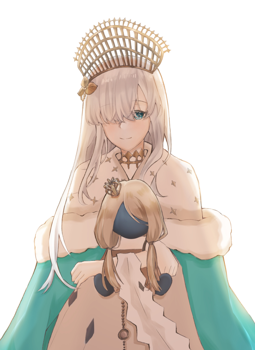 1girl, absurdres, anastasia_(fate), anastasia_(third_ascension)_(fate), blackcattea829, blue_cloak, blue_eyes, cloak, crossed_arms, crown, doll, fate/grand_order, fate_(series), hair_ornament, hair_over_one_eye, headpiece, highres, holding, holding_doll, leaf_hair_ornament, long_hair, looking_at_viewer, mini_crown, royal_robe, simple_background, smile, solo, very_long_hair, white_background, white_hair