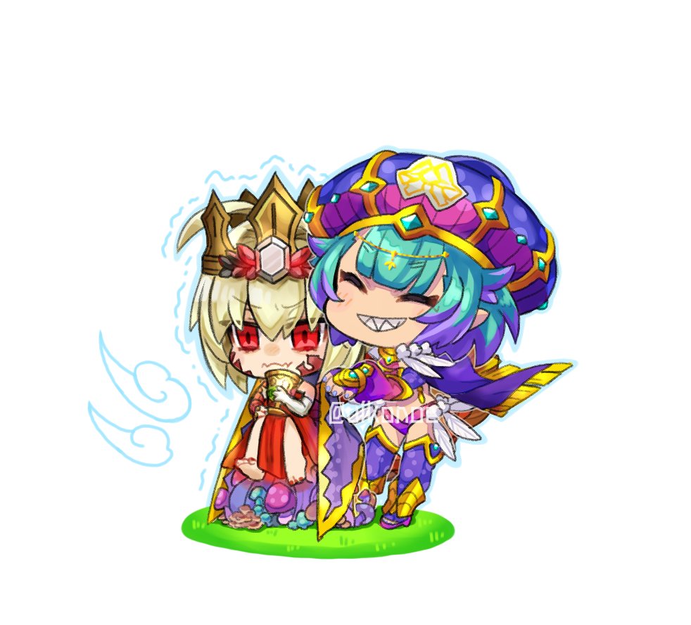 2girls, ahoge, aqua_hair, barefoot, blonde_hair, cape, chibi, closed_eyes