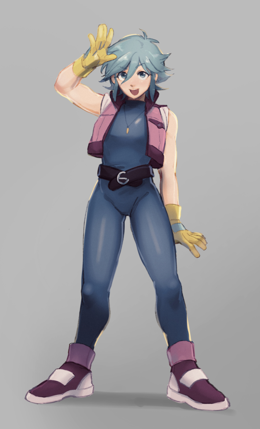 1girl, allenby_beardsley, aoi_(husiginokuninoa), belt, blue_bodysuit, blue_hair, bodysuit, breasts, commentary_request, full_body, g_gundam, gloves, green_eyes, grey_background, gundam, highres, jewelry, looking_at_viewer, medium_breasts, necklace, open_mouth, short_hair, skin_tight, solo, standing, teeth, upper_teeth_only, yellow_gloves
