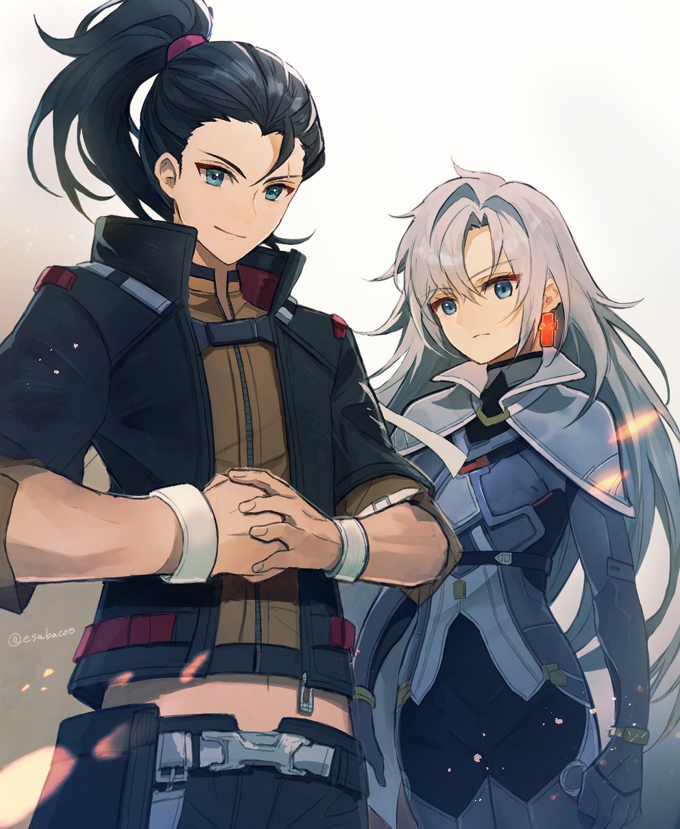 1boy, 1girl, a_(xenoblade), blue_eyes, cape, clenched_hand, closed_mouth, collared_cape