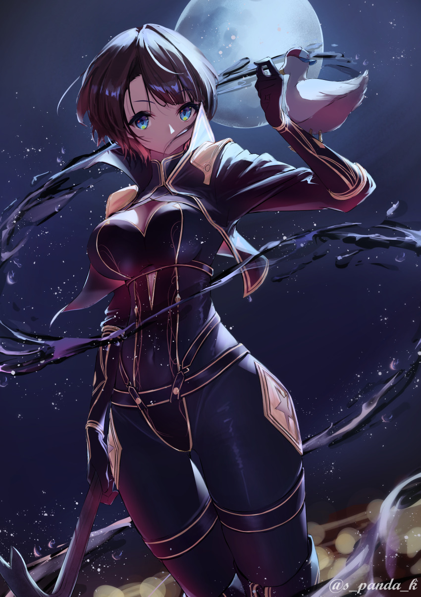 1girl, absurdres, alpha_(kagejitsu), alpha_(kagejitsu)_(cosplay), animal_on_arm, bird, bird_on_arm, black_bodysuit, black_hair, blue_eyes, bodysuit, breasts, cleavage, cleavage_cutout, clothing_cutout, cosplay, covered_navel, full_moon, highres, holding, holding_weapon, hololive, kage_no_jitsuryokusha_ni_naritakute!, medium_breasts, moon, night, oozora_subaru, s_panda_k, short_hair, solo, standing, subaru_duck, twitter_username, virtual_youtuber, weapon