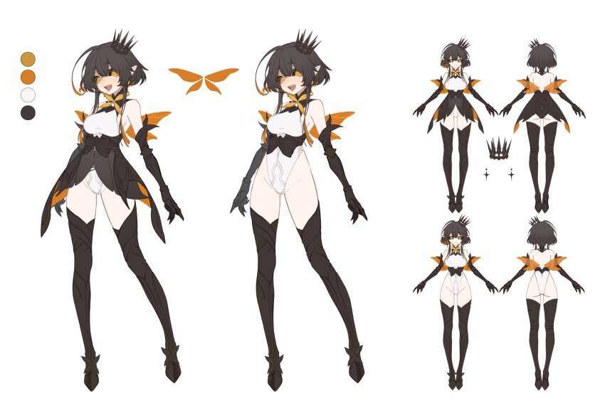 1girl, absurdres, ac8231, arthropod_girl, black_gloves, black_sclera, breasts, chrom_(ac8231), claws, color_guide, colored_sclera, commentary_request, crown, elbow_gloves, gloves, highleg, highleg_leotard, highres, insect_girl, insect_wings, leotard, medium_breasts, moth_girl, moth_wings, open_mouth, original, pointy_ears, reference_sheet, ringed_eyes, sharp_teeth, short_hair_with_long_locks, sidelocks, smile, teeth, thighhighs, tilted_headwear, white_leotard, wings, yellow_eyes