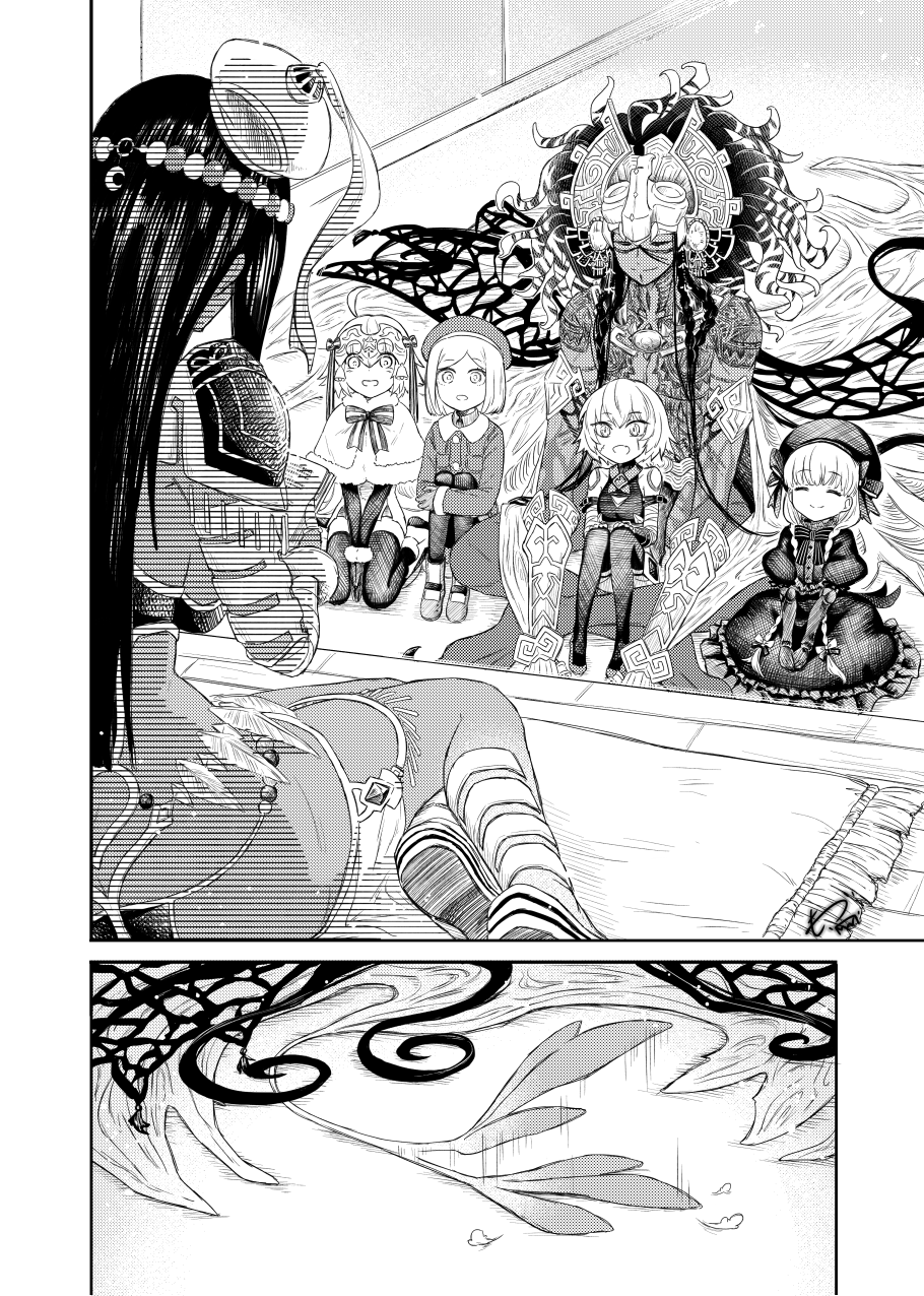 1boy, 5girls, book, bow, braid, camazotz_(fate), capelet, circlet, closed_eyes, closed_mouth, comic, fate/grand_order, fate_(series), full-body_tattoo, gloves, greyscale, hair_over_shoulder, hat, hat_bow, headpiece, highres, holding, holding_book, indian_style, jack_the_ripper_(fate/apocrypha), jacket, jeanne_d'arc_alter_santa_lily_(fate), long_hair, modzu_(3705018), monochrome, motion_lines, multiple_girls, nursery_rhyme_(fate), paul_bunyan_(fate), puffy_sleeves, reading, scheherazade_(fate), see-through_clothes, see-through_headwear, short_hair, signature, silent_comic, sitting, size_difference, smile, striped_bow, tassel, tattoo, thighhighs, twin_braids, v_arms, very_long_hair, wariza, yokozuwari