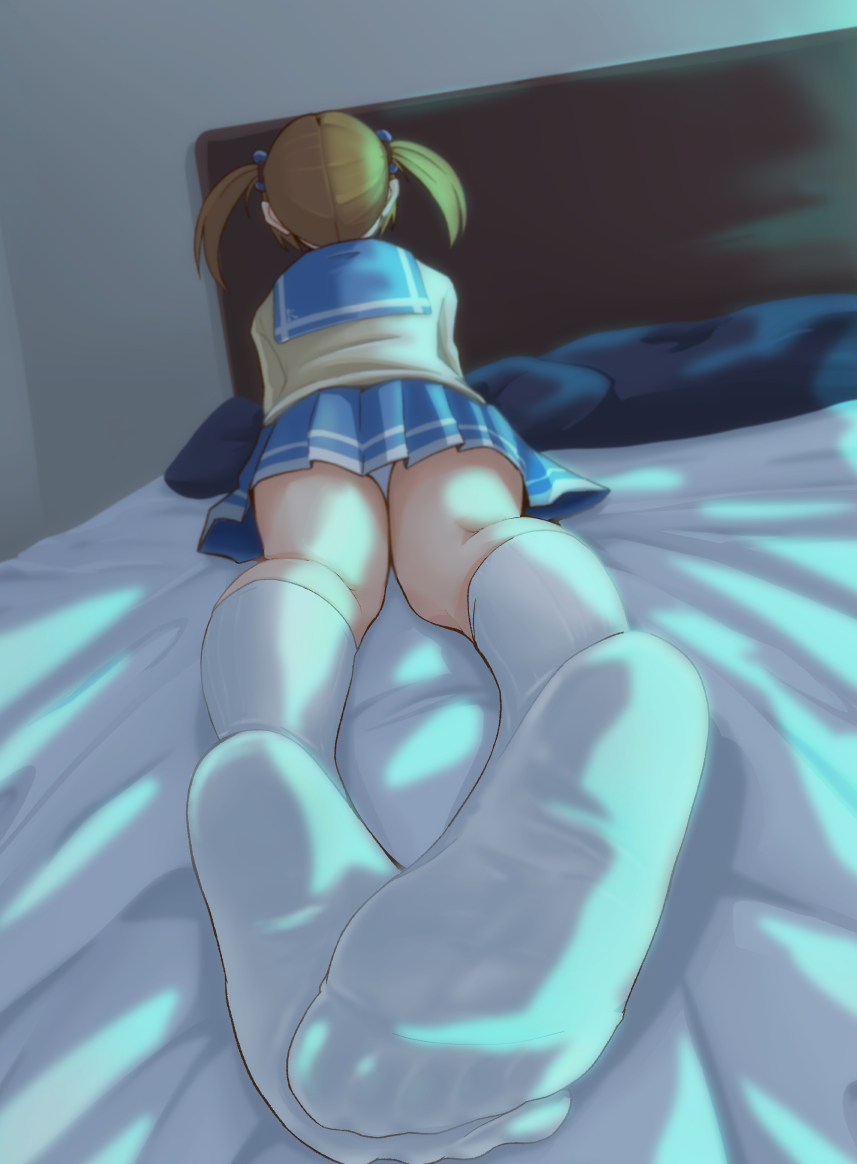 1girl, bed, bed_sheet, blue_bow, blue_sky, bow, brown_hair, commentary_request, feet, foot_focus, foreshortening, from_behind, full_body, hair_bow, hibike!_euphonium, indoors, kneehighs, long_sleeves, miniskirt, no_shoes, panties, pc_fworks, pillow, pleated_skirt, school_uniform, skirt, sky, socks, soles, solo, suzuki_satsuki, thighs, toes, twintails, underwear, white_panties, white_socks