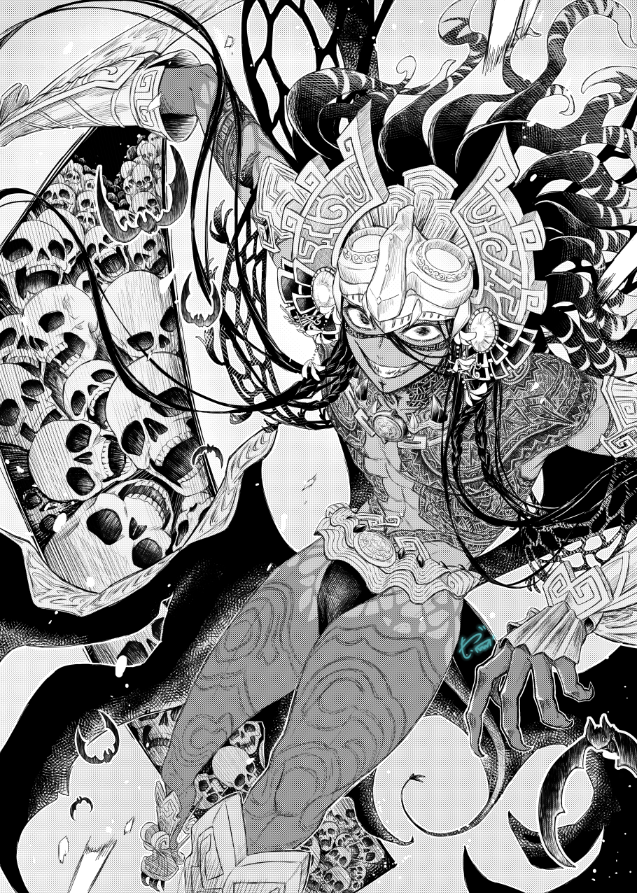 1boy, arm_tattoo, bat_wings, braid, camazotz_(fate), chest_tattoo, crazy_eyes, facial_tattoo