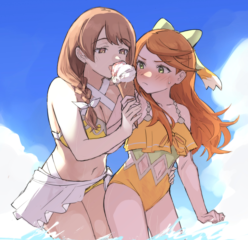 2girls, alternate_costume, bikini, blue_sky, blush, braid, breasts, brown_hair, cleavage, eating, etie_(fire_emblem), fire_emblem, fire_emblem_engage, food, goldmary_(fire_emblem), hair_ribbon, holding, holding_food, ice_cream, implied_yuri, large_breasts, long_hair, midriff, multiple_girls, navel, nintendo, one-piece_swimsuit, orange_hair, ribbon, side_braid, sky, swimsuit, tencryingemojis, yellow_bikini, yellow_one-piece_swimsuit