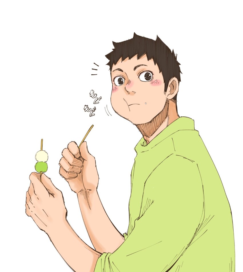 1boy, blush, brown_eyes, brown_hair, dango, eating, food, green_shirt