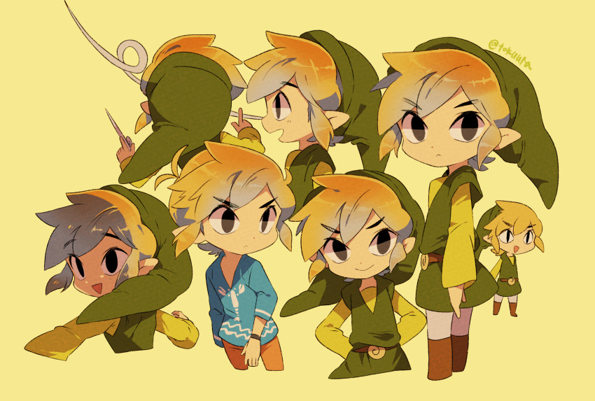 <|>_<|>, 1boy, :<, :d, arms_behind_back, artist_name, belt, black_eyes