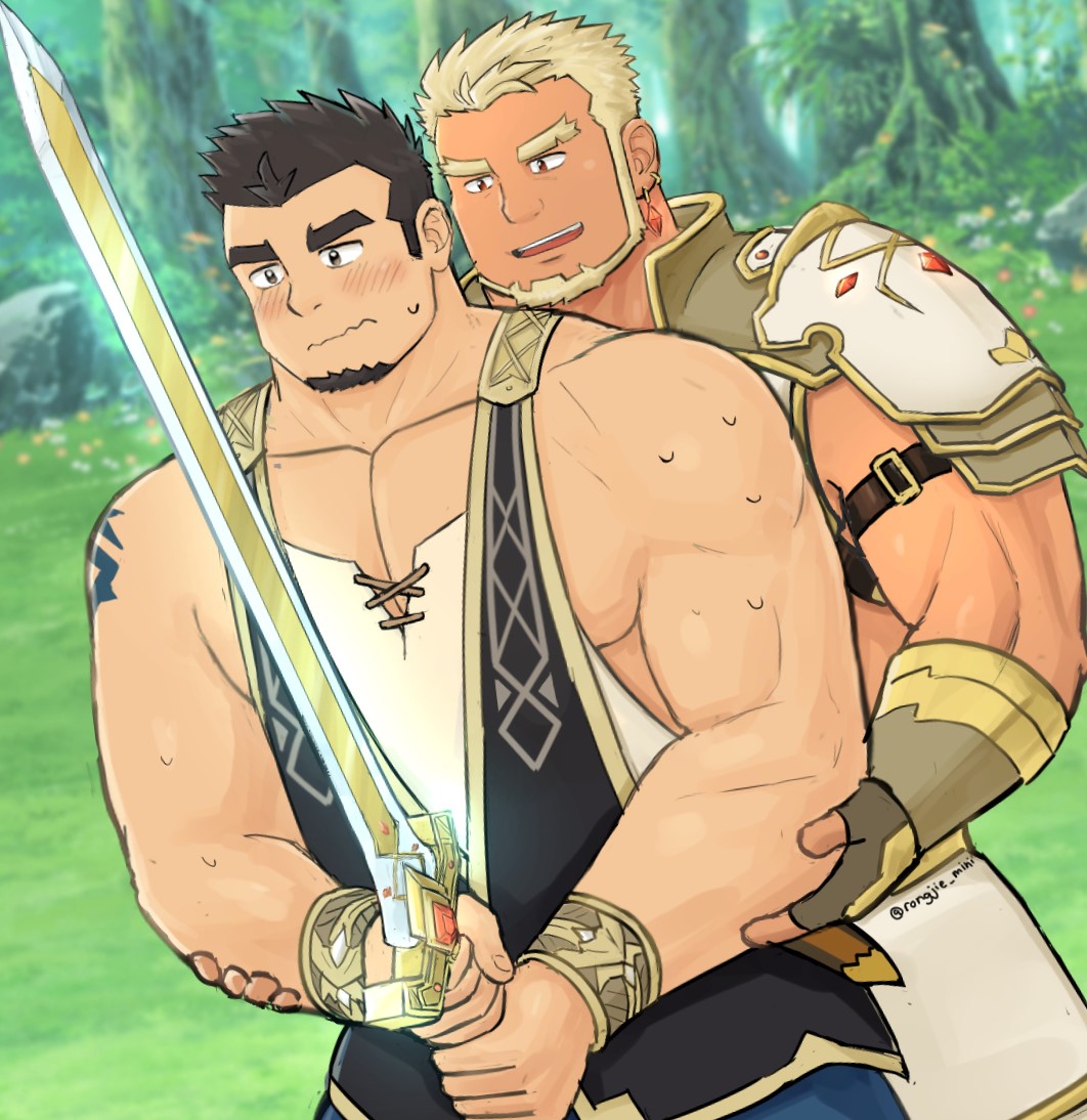 2boys, bara, bare_arms, blonde_hair, blush, crave_saga, dark-skinned_male, dark_skin