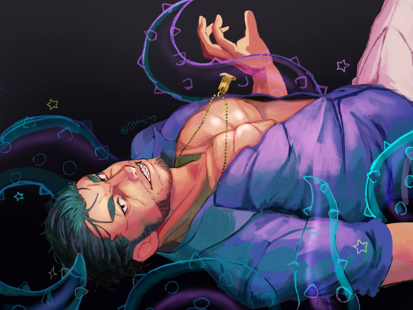 1boy, 1hkujlog, bara, beard, black_background, collared_shirt, dagon_(housamo), dress_shirt