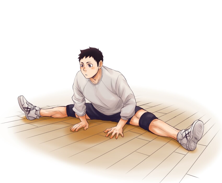 1boy, blush, brown_eyes, brown_hair, haikyuu!!, hands_on_floor, long_sleeves, male_focus