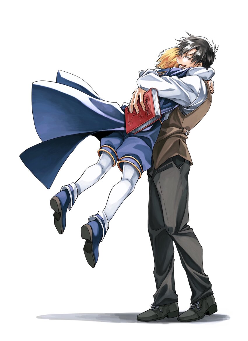 2boys, black_hair, blonde_hair, book, brown_vest, closed_eyes, collared_shirt, dong_hole