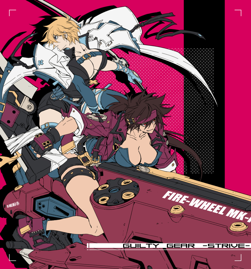 2girls, absurdres, belt, black_gloves, blue_eyes, blue_gloves, breasts, cleavage, cleavage_cutout, clothing_cutout, collarbone, copyright_name, dong_hole, fingerless_gloves, genderswap, genderswap_(mtf), gloves, guilty_gear, guilty_gear_strive, highres, holding, holding_sword, holding_weapon, huge_weapon, jacket, jacket_on_shoulders, ky_kiske, kyko, large_breasts, long_hair, motor_vehicle, motorcycle, multiple_girls, outrage_mk_ii, ponytail, red_eyes, red_jacket, short_hair, sol_badgal, sol_badguy, sword, thigh_strap, thighs, thunderseal, weapon, white_jacket