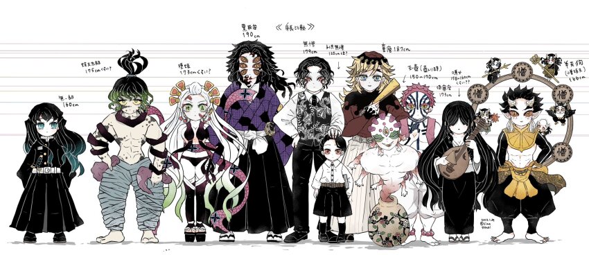 2girls, 6+boys, abs, aizetsu_(kimetsu_no_yaiba), akaza_(kimetsu_no_yaiba), anklet, aqua_eyes, aqua_hair, bangs_pinned_back, barefoot, bead_anklet, beads, belt, birthmark, biwa_lute, black_footwear, black_hair, black_kimono, black_panties, black_pants, black_shorts, black_socks, black_thighhighs, blonde_hair, blue_pants, book, breasts, carrying, carrying_under_arm, chest_tattoo, child, cleavage, collared_shirt, colored_eyelashes, colored_sclera, colored_skin, covered_eyes, daki_(kimetsu_no_yaiba), demon_boy, demon_girl, demon_horns, demon_slayer_uniform, douma_(kimetsu_no_yaiba), dress_shirt, drum, dual_persona, dual_wielding, earrings, extra_arms, extra_eyes, extra_mouth, facial_mark, full_body, geta, gradient_hair, green_eyes, green_hair, green_lips, grey_hair, gyokko_(kimetsu_no_yaiba), gyuutarou_(kimetsu_no_yaiba), hakama, hand_fan, hand_on_another's_head, hand_tattoo, hand_up, hantengu_(kimetsu_no_yaiba), harpy_boy, headpat, height, height_chart, highres, holding, holding_fan, holding_instrument, holding_plectrum, holding_polearm, holding_scythe, holding_weapon, hoop, horns, in_container, instrument, japanese_clothes, jewelry, karaku_(kimetsu_no_yaiba), katana, kibutsuji_muzan, kimetsu_no_yaiba, kimono, kokushibou, leaf_fan, lineup, long_hair, long_sleeves, looking_at_viewer, lute_(instrument), medium_breasts, midriff, mini_person, miniboy, monster_boy, multicolored_eyes, multicolored_hair, multicolored_skin, multiple_boys, multiple_girls, nakime_(kimetsu_no_yaiba), obi, panties, pants, patterned_hair, pink_hair, plectrum, pointy_ears, polearm, puffy_pants, purple_kimono, red_eyes, red_hair, red_sclera, red_skin, revealing_clothes, sandals, sash, scythe, sekido_(kimetsu_no_yaiba), sheath, sheathed, shirt, shoes, shorts, simasssaki, socks, standing, sword, tabi, talons, tassel, tassel_earrings, tattoo, text_in_eyes, thighhighs, third_eye, tight_clothes, tight_shirt, tokitou_muichirou, topknot, topless_male, toshikuni_(kimetsu_no_yaiba), two-tone_hair, underwear, urogi_(kimetsu_no_yaiba), vase, very_long_hair, vest, wavy_hair, weapon, white_background, white_hair, white_shirt, white_skin, wings, yellow_eyes, zohakuten_(kimetsu_no_yaiba), zouri