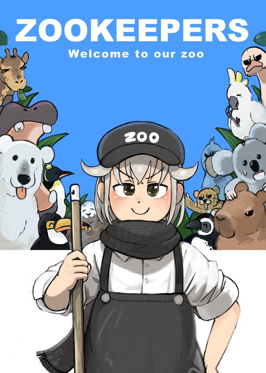1girl, bear, bird, blue_background, broom, capybara, cheetah, cockatoo, cub, diva_(hyxpk), emperor_penguin, english_text, flat_cap, giraffe, hat, highres, hippopotamus, koala, leaf, looking_at_viewer, magellanic_penguin, ostrich, overalls, penguin, penguin_keeper_(zookeepers), polar_bear, scarf, seal_(animal), shoebill, toucan, white_hair, zoo, zookeeper, zookeepers