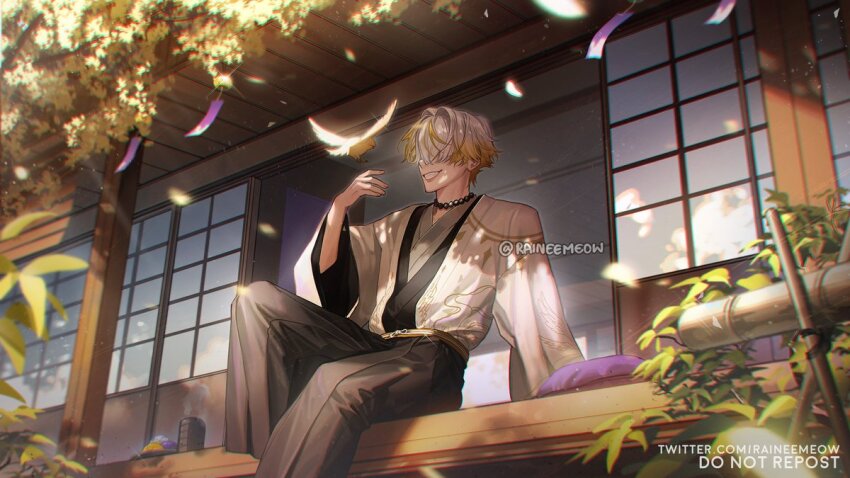 1boy, algorhythm_project, arm_support, artist_name, bead_necklace, beads, bird, black_kimono
