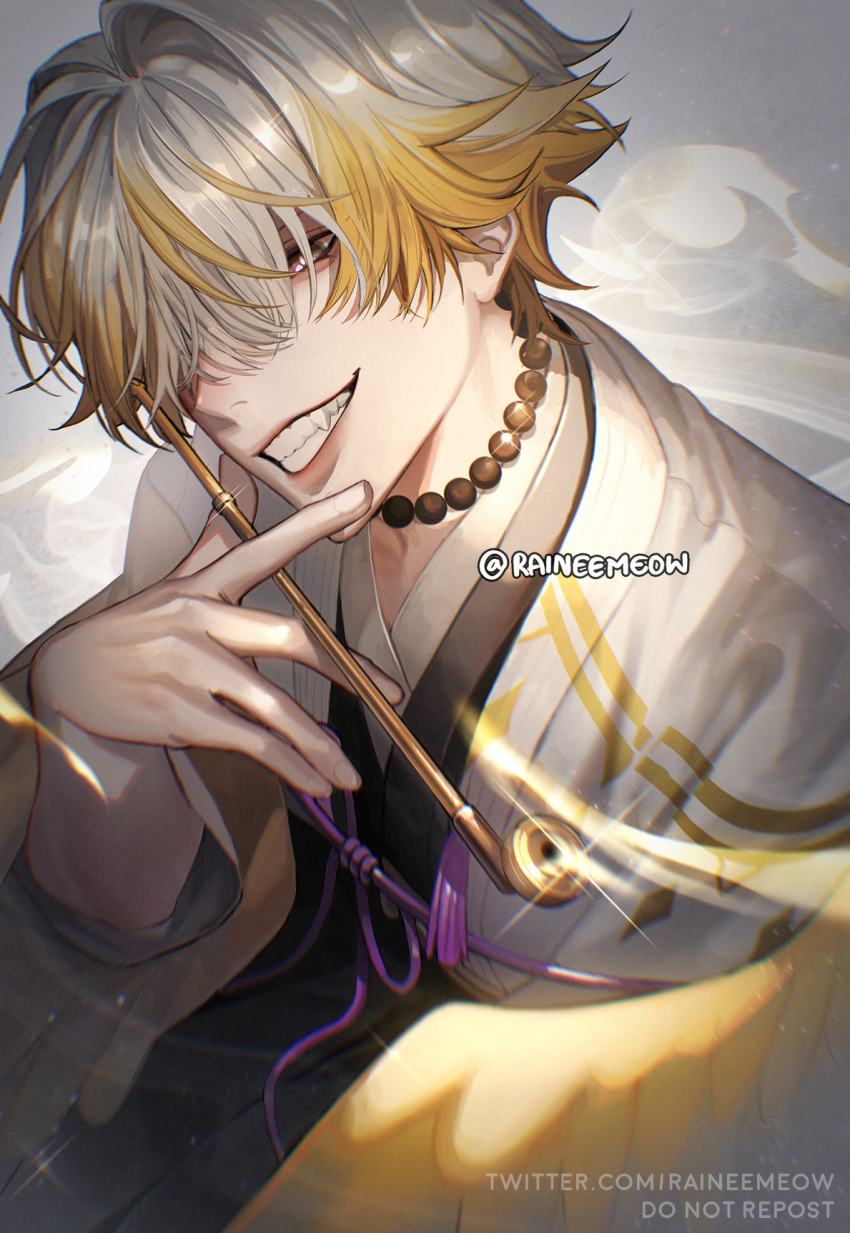 1boy, algorhythm_project, artist_name, bead_necklace, beads, black_kimono, blonde_hair, commentary_request, dacapo_(algorhythm_project), fangs, glint, grey_background, grey_eyes, grey_hair, grin, hair_intakes, hair_over_eyes, haori, head_tilt, highres, holding, holding_smoking_pipe, jacket, japanese_clothes, jewelry, kimono, kiseru, long_sleeves, looking_at_viewer, male_focus, multicolored_hair, necklace, raineemeow, short_hair, simple_background, smile, smoke, smoking_pipe, solo, tassel, teeth, thai_commentary, twitter_username, virtual_youtuber, watermark, white_jacket, wide_sleeves