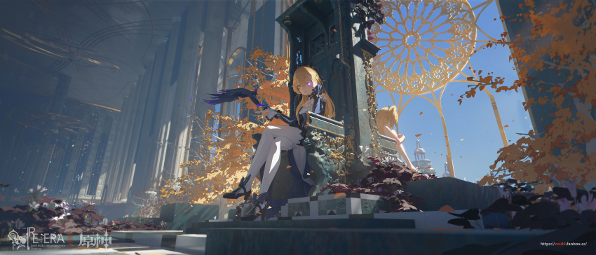 1girl, absurdres, alternate_eye_color, backlighting, bare_legs, bare_shoulders, bat_ornament, bird, black_ribbon, blonde_hair, bow, breasts, castle, choker, cosplay, crow, dappled_sunlight, day, detached_sleeves, dress, fischl_(ein_immernachtstraum)_(genshin_impact), fischl_(ein_immernachtstraum)_(genshin_impact)_(cosplay), fischl_(genshin_impact), frills, gem, genshin_impact, hair_over_one_eye, hair_ribbon, high_heels, highres, hugging_own_legs, jewelry, light_rays, long_hair, long_sleeves, looking_at_viewer, official_alternate_costume, official_alternate_eye_color, on_throne, oz_(genshin_impact), palace, pantyhose, plant, purple_bow, purple_choker, purple_dress, purple_footwear, purple_gem, purple_ribbon, purple_sleeves, red_eyes, ribbon, scenery, single_leg_pantyhose, single_thighhigh, sky, small_breasts, smile, sunlight, thighhighs, thighs, throne, tiara, two_side_up, void_0, white_pantyhose, white_thighhighs