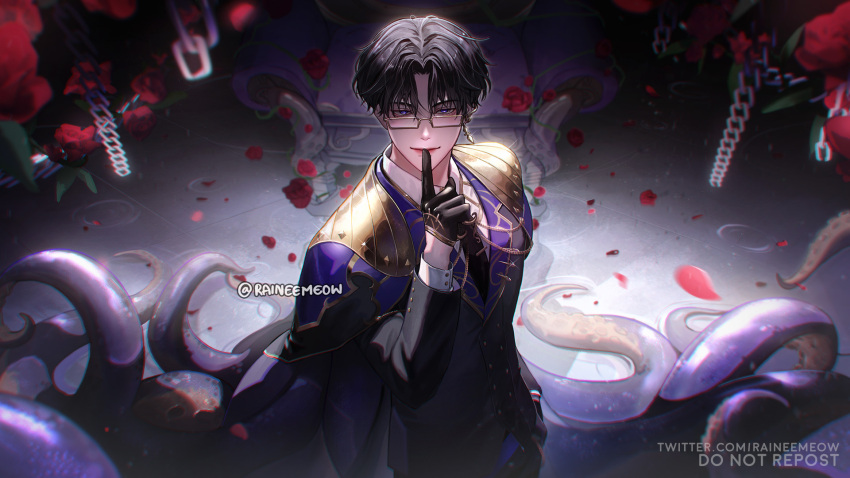 1boy, algorhythm_project, armchair, artist_name, black_hair, black_jacket, black_necktie, blue_cape, blue_eyes, buttons, cape, chain, chair, closed_mouth, collared_shirt, commentary, double-breasted, earrings, english_commentary, falling_petals, finger_to_mouth, flower, glasses, glint, gold_chain, gold_trim, hair_between_eyes, hand_up, highres, index_finger_raised, jacket, jewelry, lapels, long_sleeves, looking_at_viewer, male_focus, necktie, parted_bangs, petals, raineemeow, rectangular_eyewear, red_flower, red_rose, rose, rose_petals, schneider_(algorhythm_project), shirt, short_hair, single_earring, smile, solo, standing, tentacles, twitter_username, virtual_youtuber, watermark, white_shirt, wing_collar