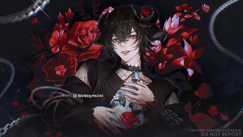 1boy, algorhythm_project, animal_ears, artist_name, baabel_(algorhythm_project), bell, black_choker, black_hair