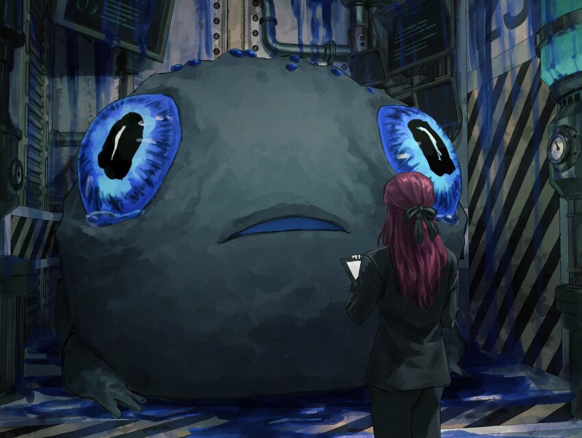 1girl, absurdres, black_bow, black_jacket, black_pants, blubbering_toad_(project_moon), bow, clipboard, door, facing_away, from_behind, highres, holding, holding_clipboard, indoors, jacket, limbus_company, lobotomy_corporation, lobotomycorpg, long_hair, long_sleeves, open_mouth, pants, pink_hair, project_moon, tearing_up, toad_(animal), ventilation_shaft, yuri_(project_moon)