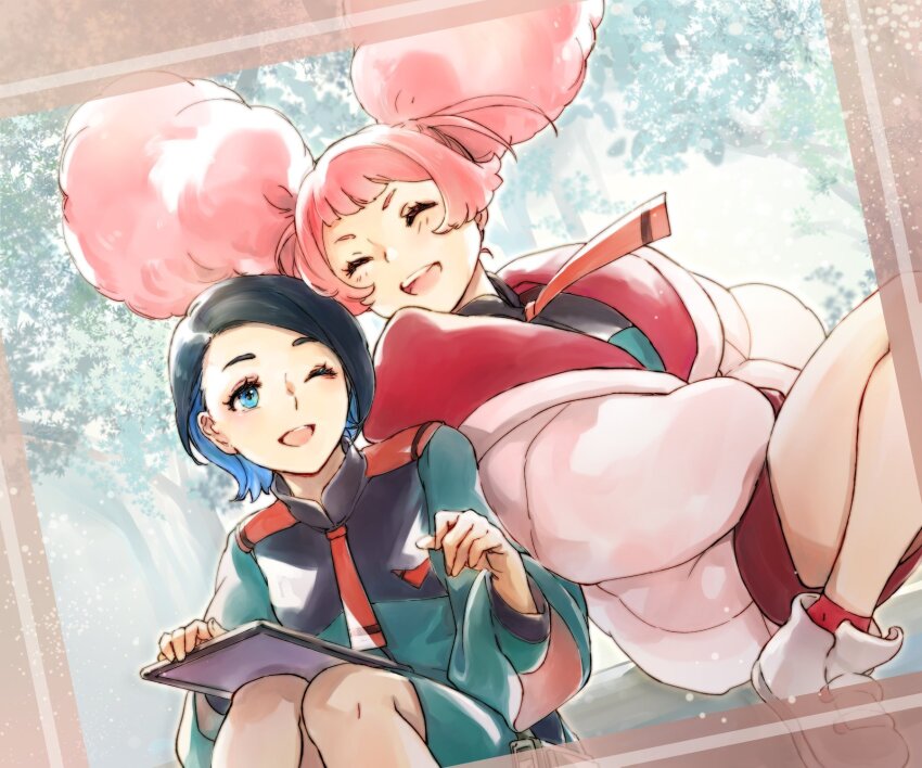 2girls, ^_^, afro_puffs, asticassia_school_uniform, black_hair, blue_eyes, blue_hair, chuatury_panlunch