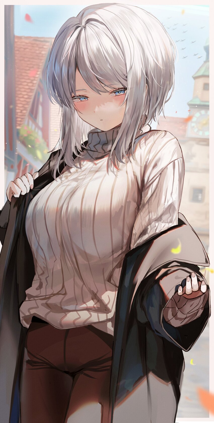 1girl, absurdres, black_coat, blue_eyes, breasts, brown_pants, coat, commentary