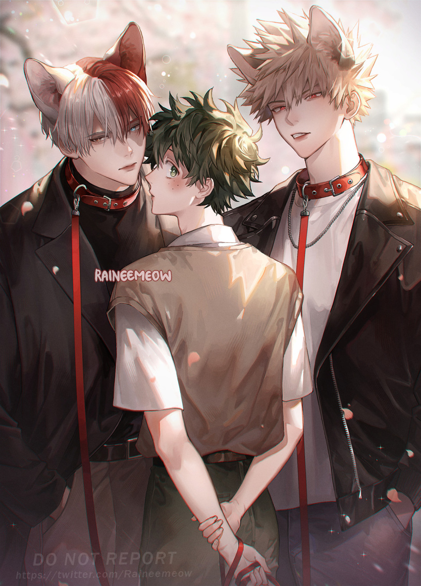 3boys, animal_collar, animal_ear_fluff, animal_ears, arms_behind_back, artist_name, bakugou_katsuki, belt, belt_buckle, black_jacket, black_shirt, blonde_hair, blue_eyes, blurry, blurry_background, blush, bokeh, boku_no_hero_academia, brown_belt, brown_pants, brown_vest, buckle, closed_mouth, collar, collared_shirt, cowboy_shot, day, depth_of_field, expressionless, falling_petals, fang, freckles, green_eyes, green_hair, grey_pants, hair_between_eyes, hand_in_pocket, heterochromia, highres, holding, holding_leash, jacket, lapels, leash, light_particles, looking_at_viewer, looking_back, male_focus, midoriya_izuku, multicolored_hair, multiple_boys, open_clothes, open_jacket, outdoors, pants, parted_lips, petals, raineemeow, red_collar, red_eyes, red_hair, shirt, shirt_tucked_in, short_hair, short_sleeves, spiked_hair, split-color_hair, standing, sunlight, teeth, todoroki_shoto, turtleneck, two-tone_hair, vest, watermark, web_address, white_hair, white_shirt, wolf_ears, zipper, zipper_pull_tab