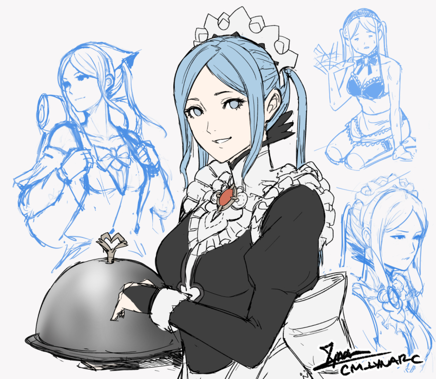 1girl, alternate_costume, artist_name, black_dress, blue_eyes, blue_hair, bra, bridal_gauntlets