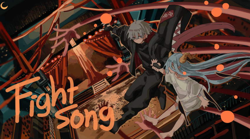 1boy, 1girl, absurdly_long_hair, bare_legs, black_footwear, black_jacket, black_pants, black_sweater, blue_hair, crescent_moon, curtains, dragon_horns, fight_song_(eve), grey_eyes, grey_hair, highres, hood, hood_down, horns, jacket, knife, long_hair, long_sleeves, loose_clothes, loose_shirt, moon, night, otogiri_tobi, pants, ryuuko_(eve), shirt, shoes, song_name, sweater, t-shirt, theater, very_long_hair, white_shirt, yigo_(iprgyi)