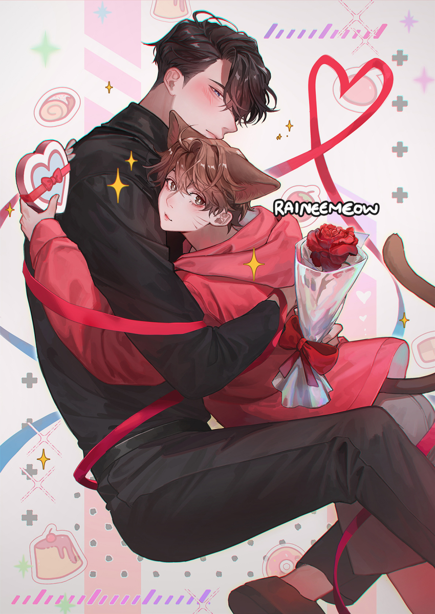 2boys, animal_ears, asymmetrical_bangs, black_hair, black_pants, black_shirt, blue_eyes, blush, bow, box, brown_eyes, brown_hair, cake, cat_boy, cat_ears, cat_tail, cherry, closed_mouth, collared_shirt, commentary, commentary_request, copyright_request, donut, dress_shirt, english_commentary, eyelashes, facial_mark, flower, food, fruit, hair_between_eyes, heart, heart-shaped_box, highres, holding, holding_box, holding_flower, hood, hood_down, hoodie, hug, long_sleeves, looking_at_viewer, looking_to_the_side, male_focus, mixed-language_commentary, multiple_boys, pants, parted_bangs, pink_background, polka_dot, polka_dot_background, pudding, raineemeow, red_bow, red_flower, red_hoodie, red_rose, rose, shirt, short_hair, sideways_glance, simple_background, sparkle, strawberry, swept_bangs, swiss_roll, tail, thai_commentary, valentine, whisker_markings, white_background, yaoi