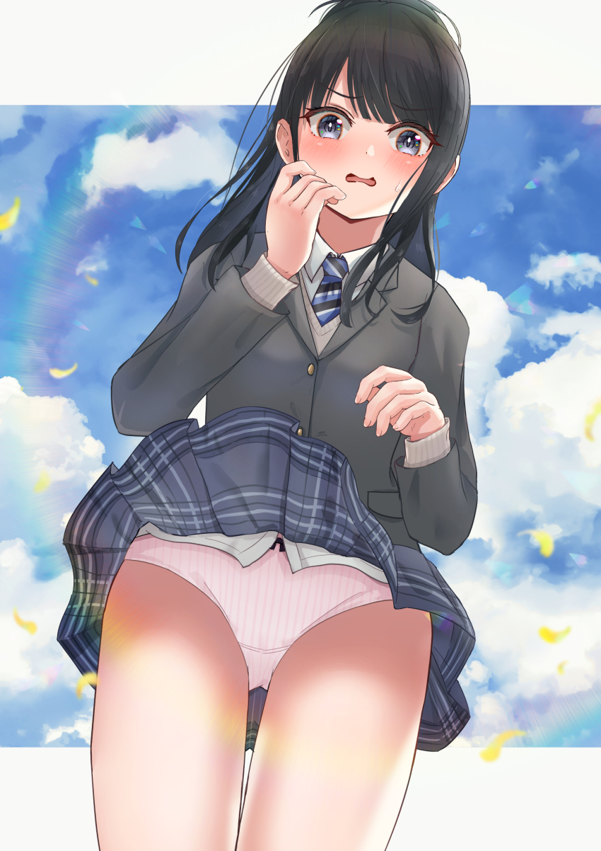1girl, accidental_pervert, black_eyes, black_hair, blush, bow, bow_panties, breasts, clothes_lift, cloud, collared_shirt, d:, from_below, furrowed_brow, grey_jacket, hand_to_own_mouth, highres, idolmaster, idolmaster_shiny_colors, jacket, kazano_hiori, lakuha_(dwtk2424), light_blush, long_hair, long_sleeves, looking_at_viewer, medium_breasts, necktie, open_mouth, outdoors, panties, pantyshot, petals, pleated_skirt, school_uniform, shirt, skirt, skirt_lift, sky, solo, standing, striped_clothes, striped_necktie, sweatdrop, swept_bangs, underwear, unlikely_accident, upskirt, wardrobe_malfunction, wavy_mouth, white_panties, white_shirt, wind, wind_lift