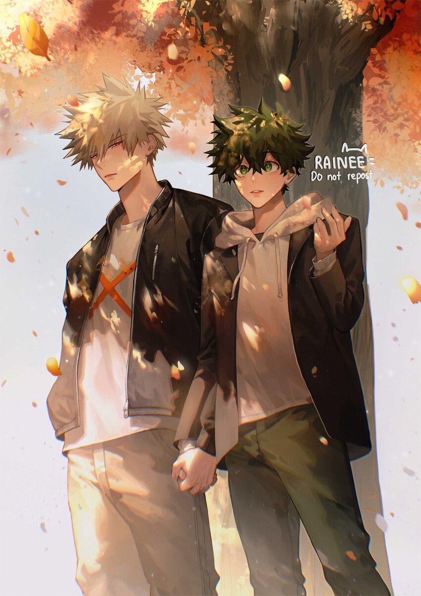 2boys, artist_name, bakugou_katsuki, black_jacket, blonde_hair, boku_no_hero_academia, brown_pants, closed_mouth