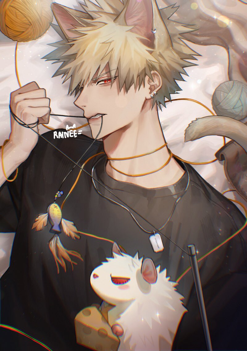 1boy, animal_ear_fluff, animal_ears, artist_name, bakugou_katsuki, black_shirt, blonde_hair, boku_no_hero_academia