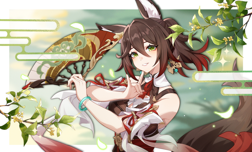 1girl, absurdres, animal_ears, bracelet, breasts, brown_hair, folded_fan, folding_fan, fox, fox_ears, fox_girl, fox_tail, gradient_hair, green_eyes, hair_between_eyes, hand_fan, highres, holding, holding_fan, honkai:_star_rail, honkai_(series), jewelry, long_hair, looking_at_viewer, medium_breasts, monabianou, multicolored_hair, open_mouth, red_hair, smile, solo, tail, tingyun_(harmony)_(honkai:_star_rail), tingyun_(honkai:_star_rail)