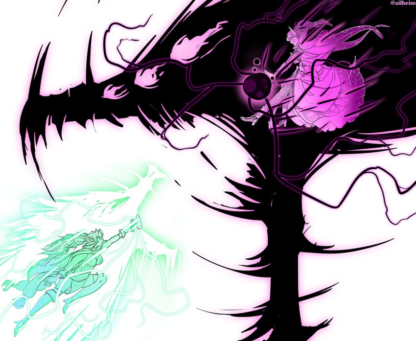 2girls, ailheim, aura, battle, cape, crystal, energy_ball, evil_smile, female_robin_(fire_emblem), female_robin_(grima)_(fell_tactician)_(fire_emblem), female_robin_(grima)_(fire_emblem), fire_emblem, fire_emblem_awakening, fire_emblem_heroes, grima_(fire_emblem), highres, multiple_girls, nintendo, official_alternate_costume, serious, simple_background, smile, tiki_(adult)_(fire_emblem), tiki_(fire_emblem)